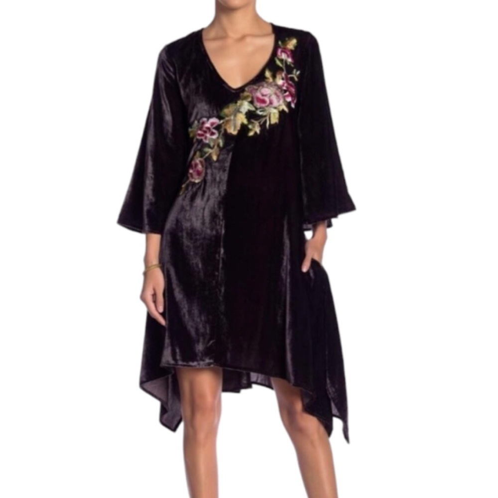 Aratta Silent Journey Purple Crushed Velvet Bell Sleeve Dress Size Small